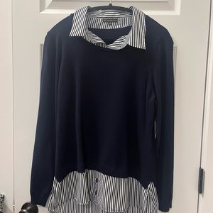 Worn 1x beautiful quality navy sweater with navy and white blouse underlay.